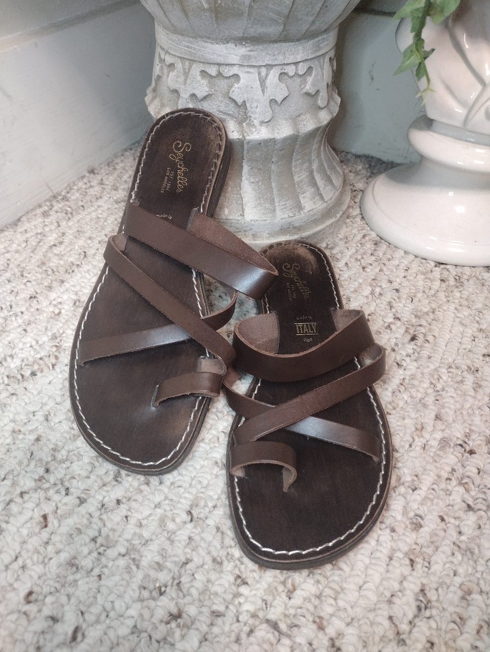 Seychelles "So Precious" Boho Dark Brown Strappy Leather Slide Sandals - Picture 2 of 5